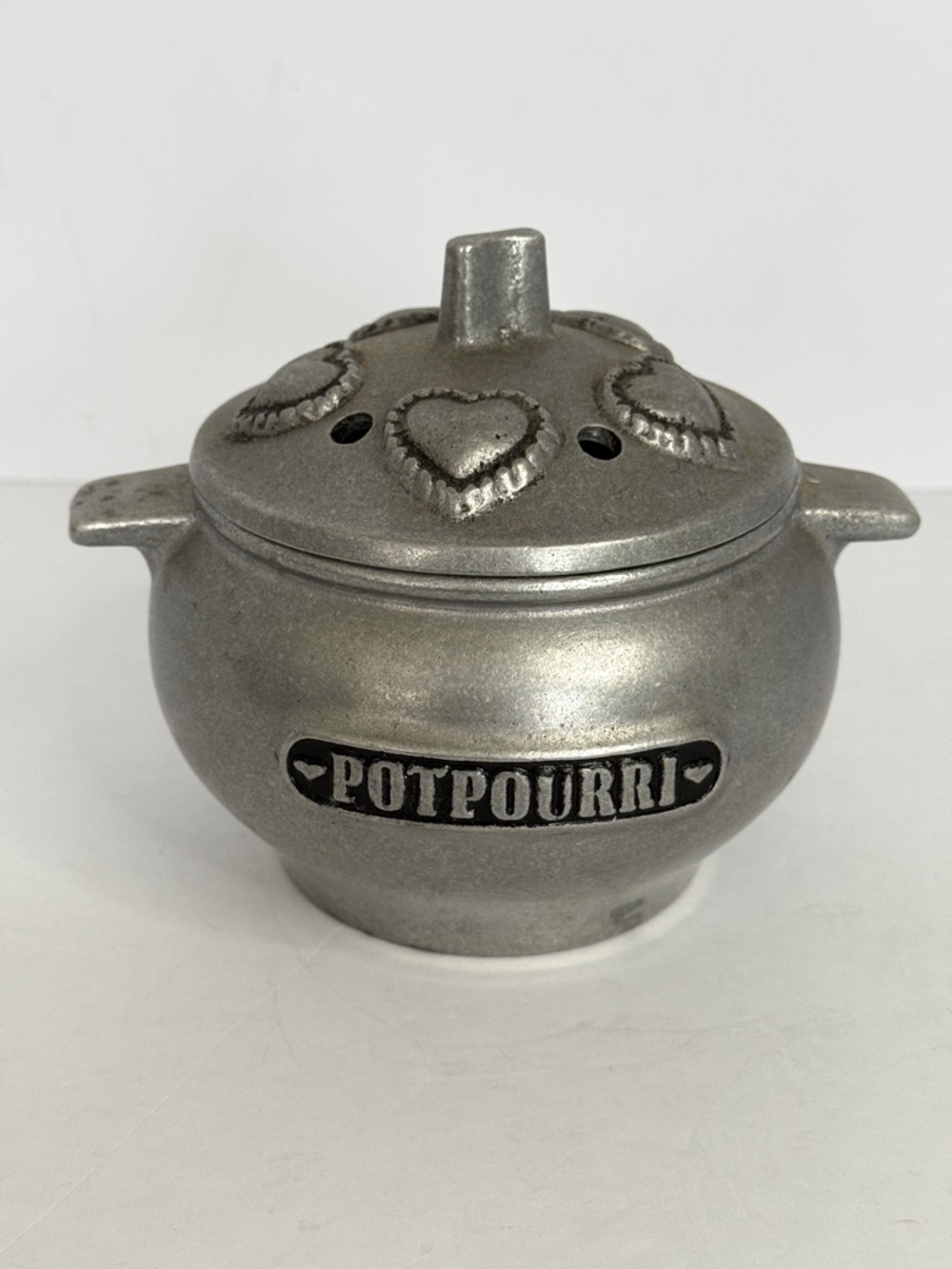 Vintage Solid Pewter Potpourri Bowl With Hearts on Lid, Rare